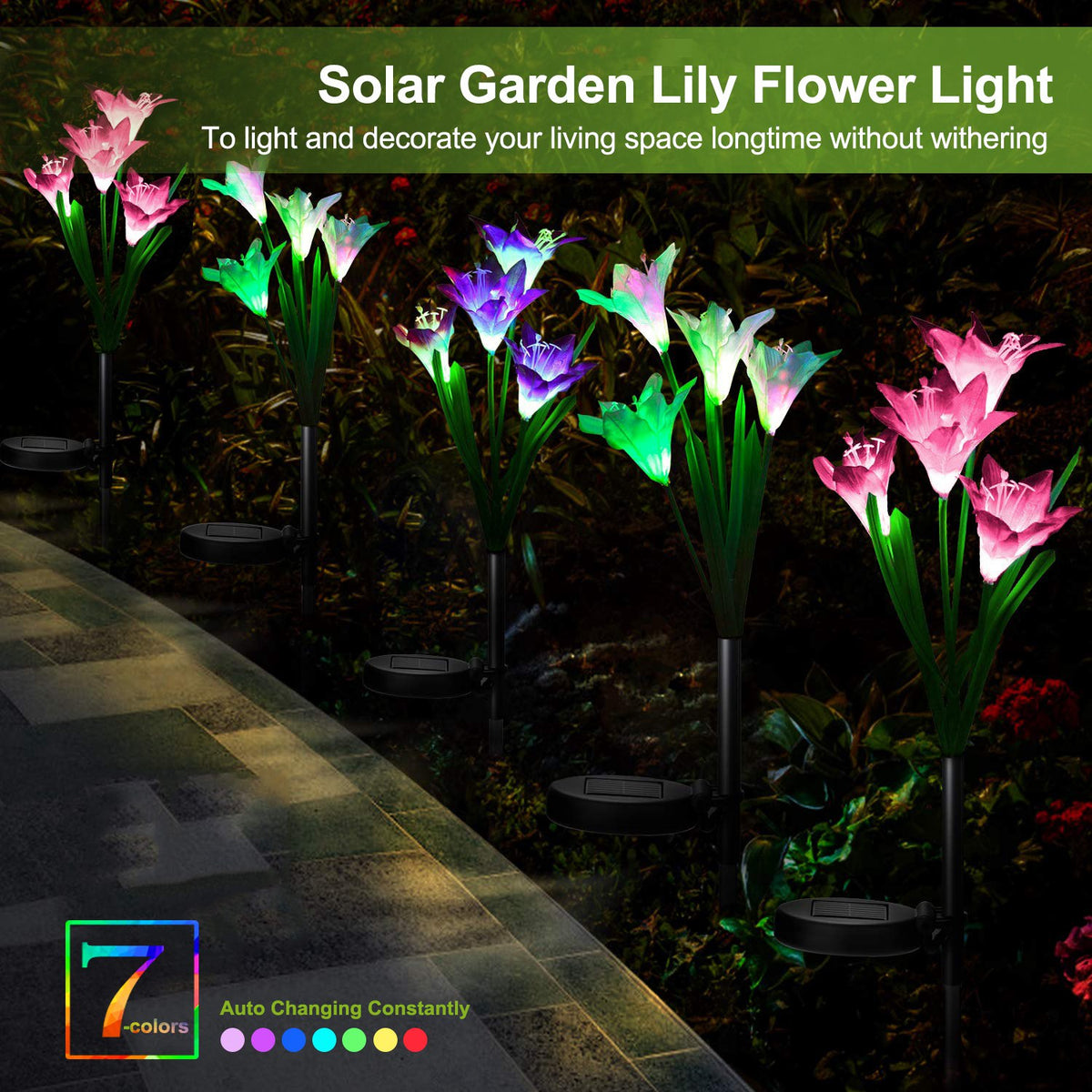 Solar lily flower stake light with fabric petals and bendable stems, alternate view 8