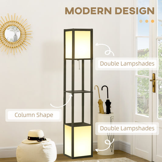 Shelf floor lamp in black with two fabric shades and two open shelves, alternate view 1