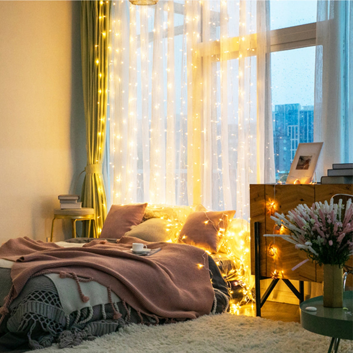 Warm white LED curtain string lights on hanging strands, alternate view 5
