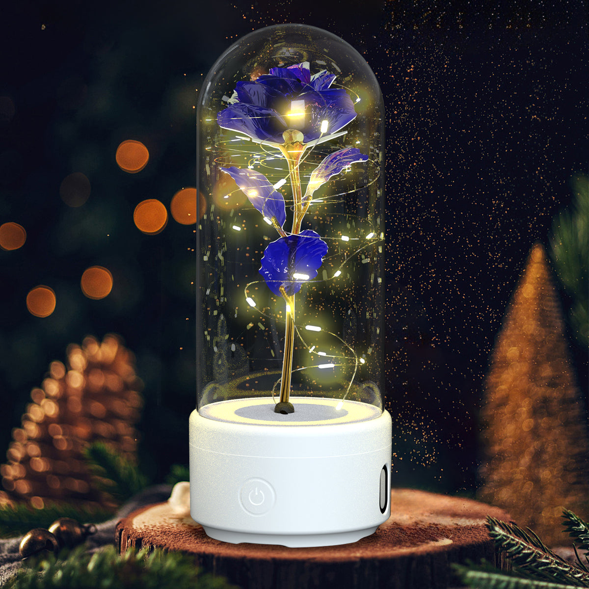 Decorative LED rose lamp under a glass dome on a lit round base, alternate view 10