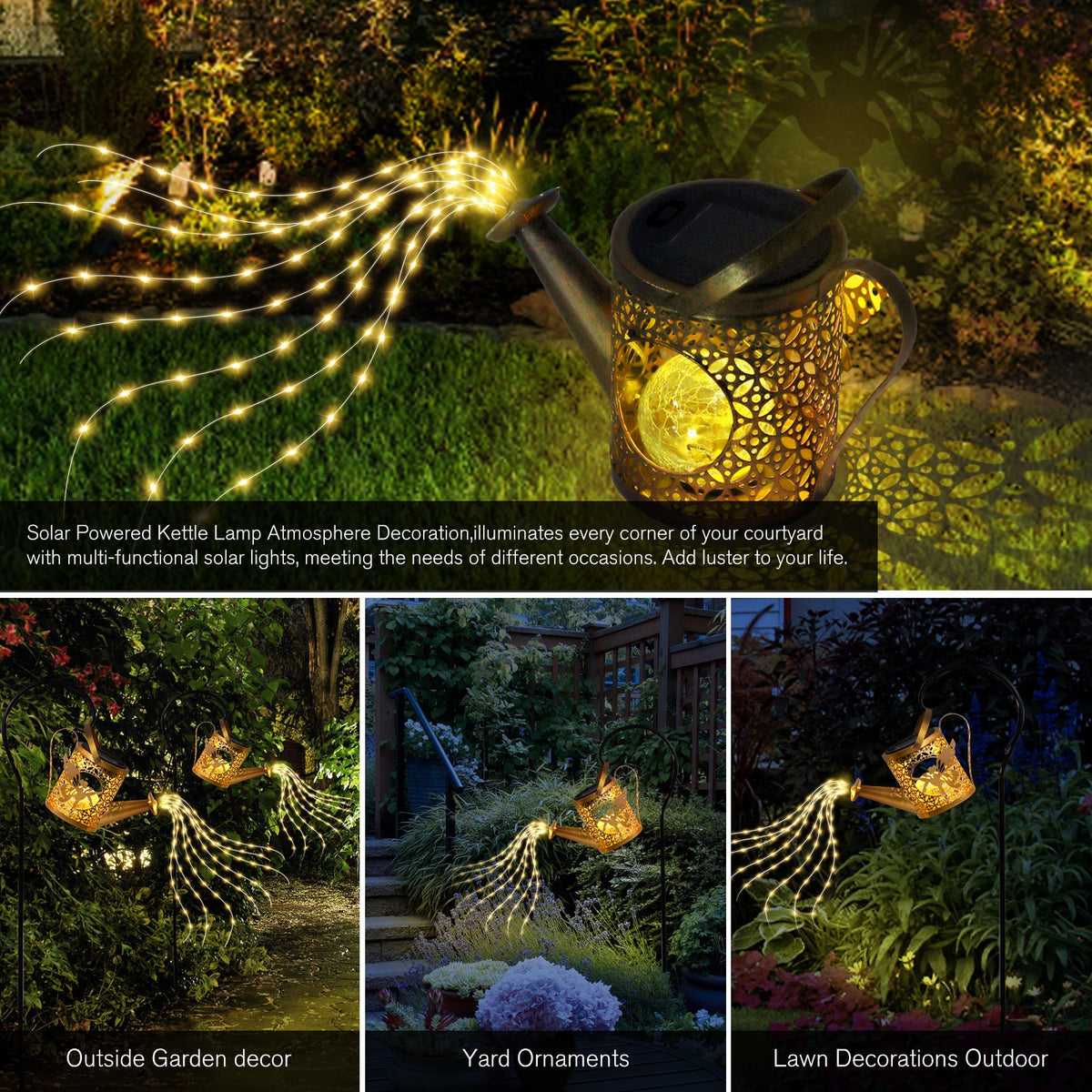 Bronze solar watering can lantern with cascading fairy lights, alternate view 5