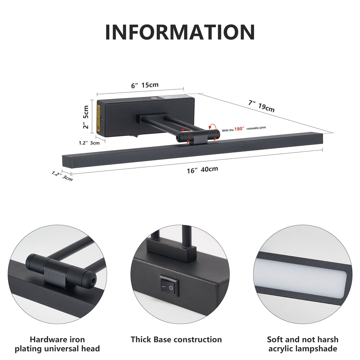 Calloway battery-operated picture light in black, alternate view