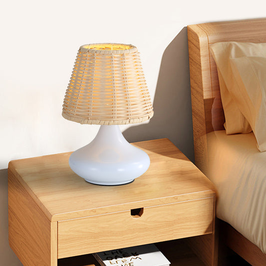 Woven bamboo accent lamp with white base, alternate view 3