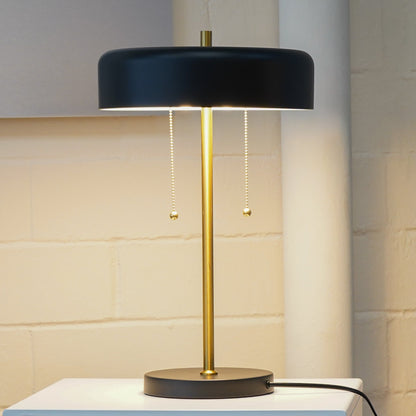 Black pull chain table lamp with drum shade, alternate view 2