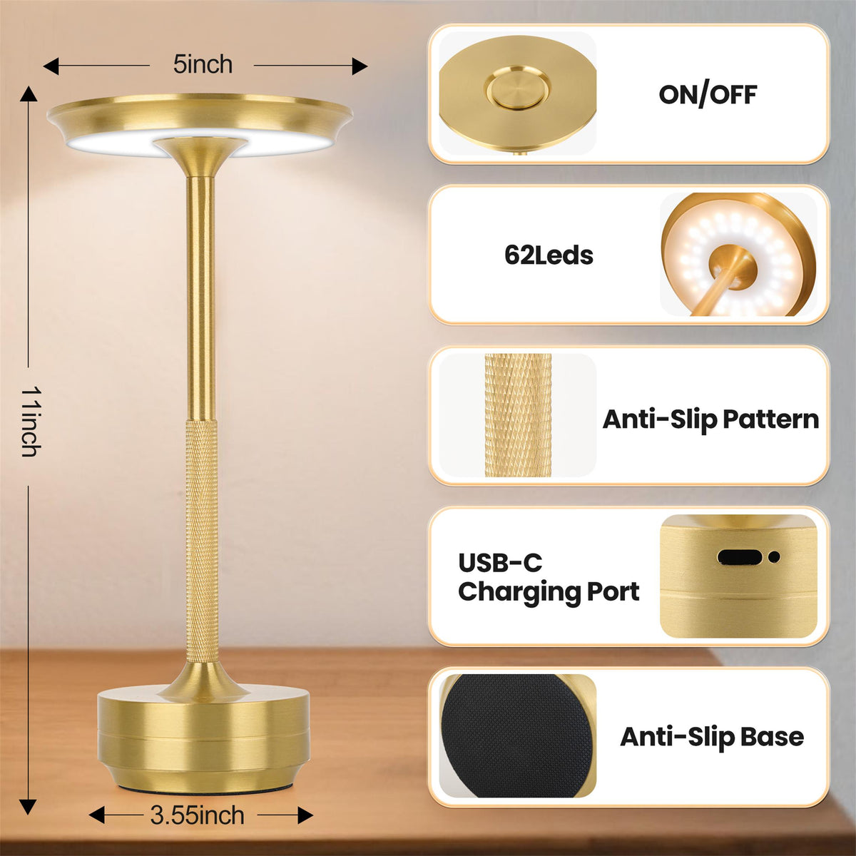 Fairlane cordless rechargeable table lamps in brushed gold, alternate view 4