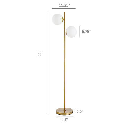 Ellery two-globe floor lamp in gold with white glass shades, alternate view