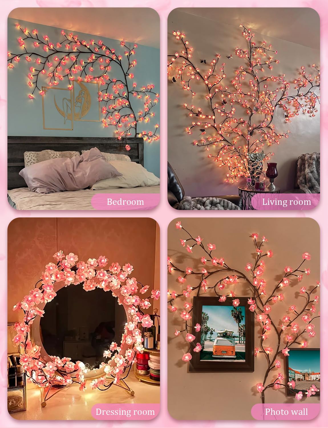 Cherry blossom tree branch lights with pink LED blossoms on bendable brown branches, USB powered, alternate view 4