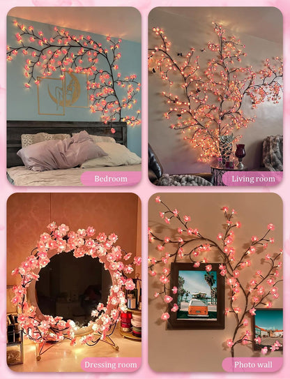 Cherry blossom tree branch lights with pink LED blossoms on bendable brown branches, USB powered, alternate view 4