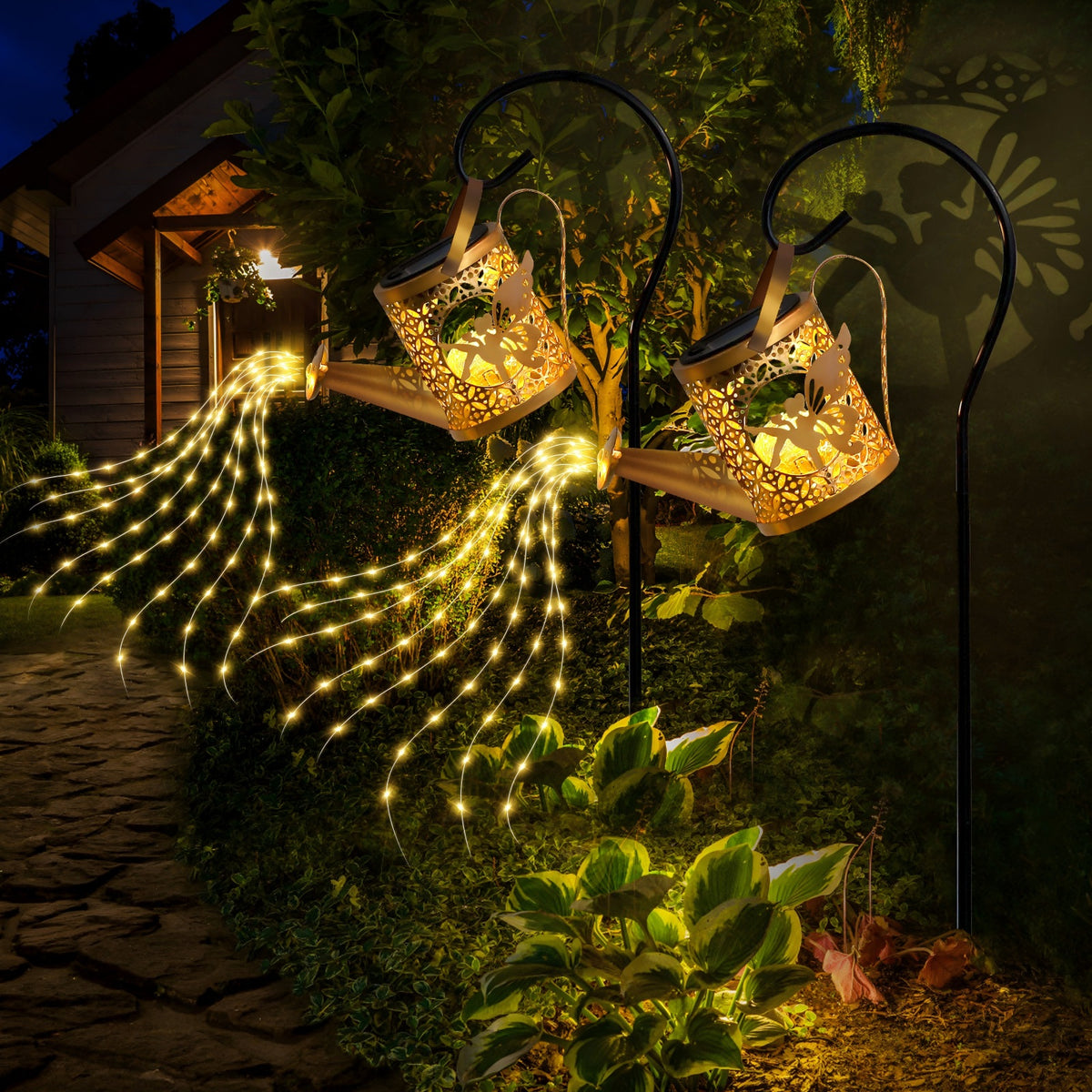 Bronze solar watering can lantern with cascading fairy lights, alternate view 2