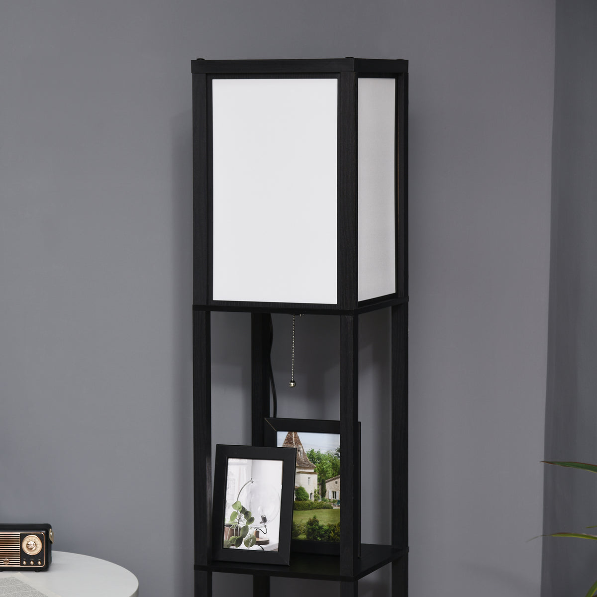 Ridley shelf floor lamp in black with two fabric shades and two open shelves, alternate view 2