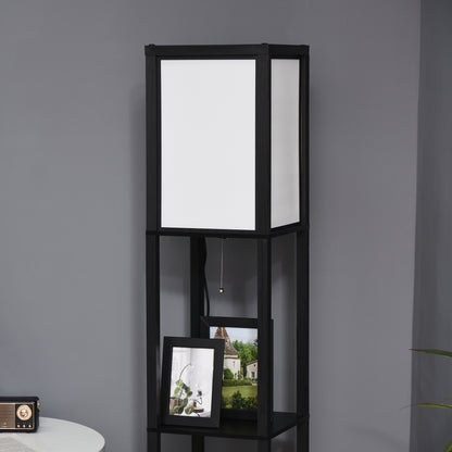 Ridley shelf floor lamp in black with two fabric shades and two open shelves, alternate view 2