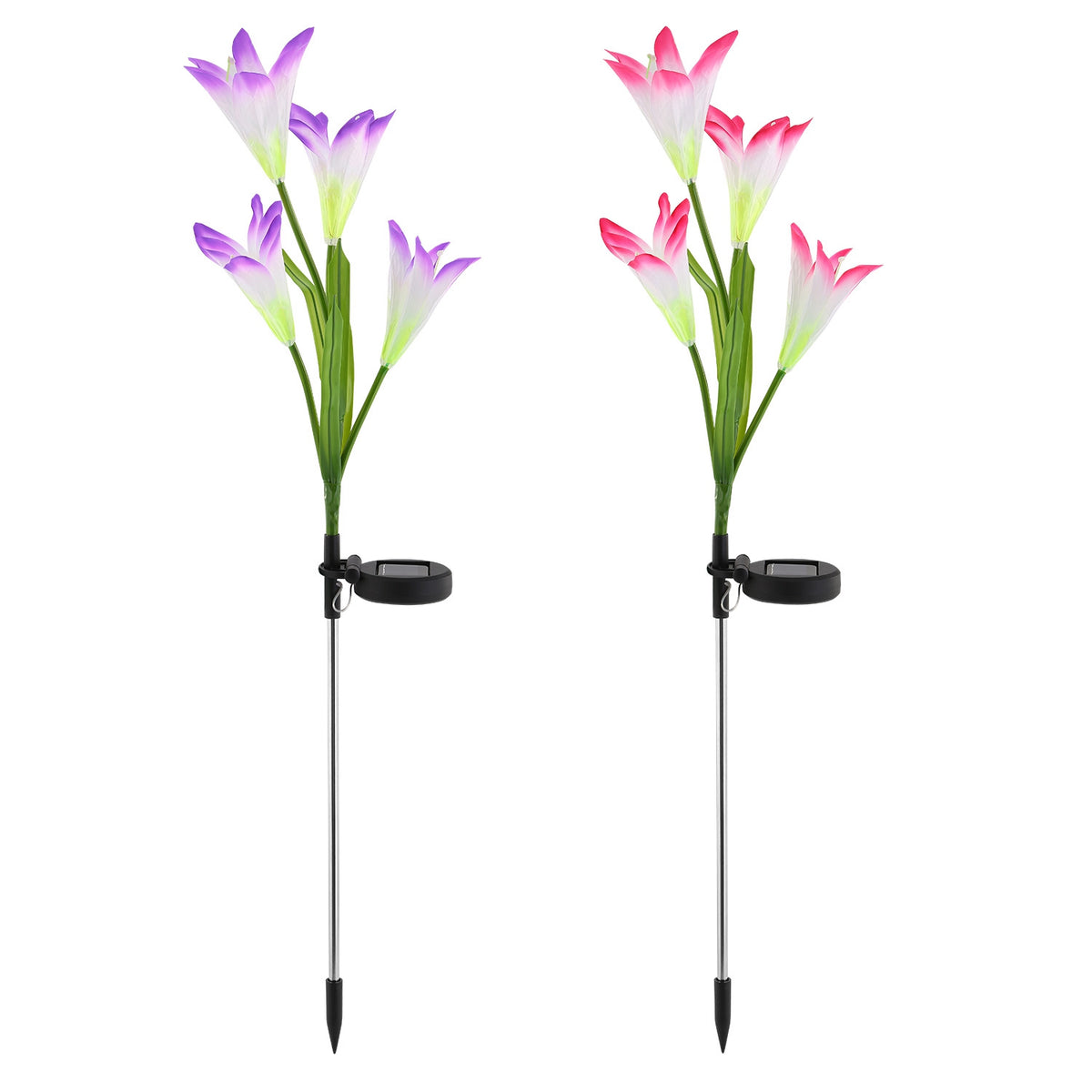 Solar lily flower lights — 29.5 in garden stake lights with pink and purple fabric lilies, sold as a set of two