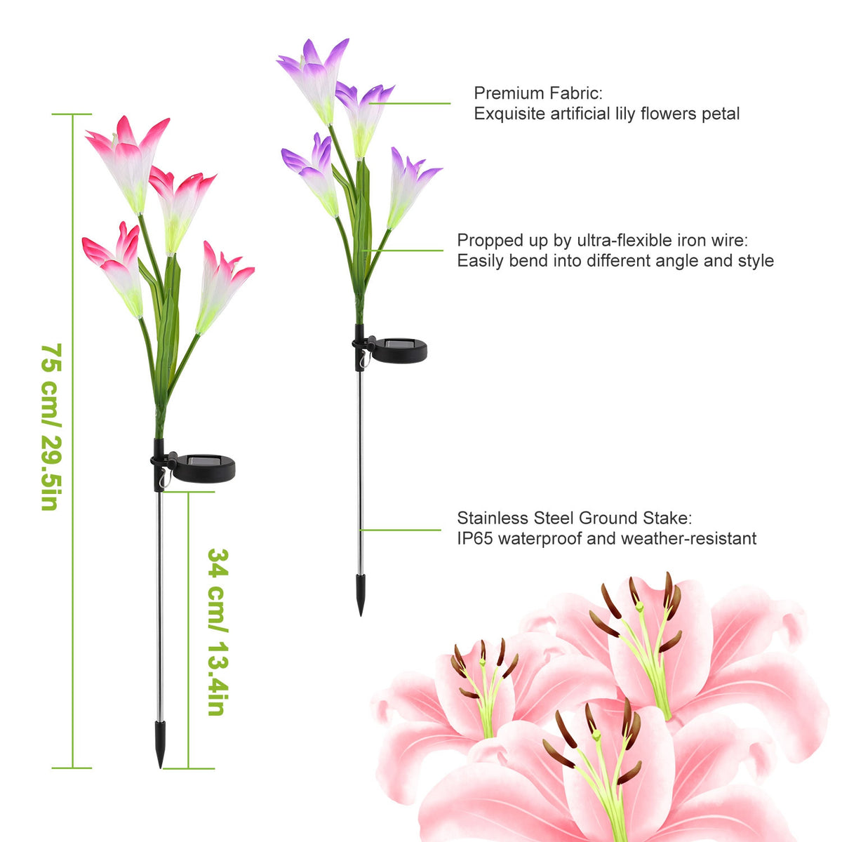 Solar lily flower stake light with fabric petals and bendable stems, alternate view 1