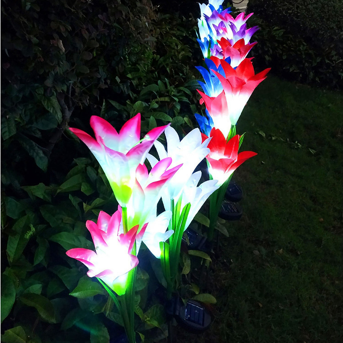 Solar lily flower stake light with fabric petals and bendable stems, alternate view 6