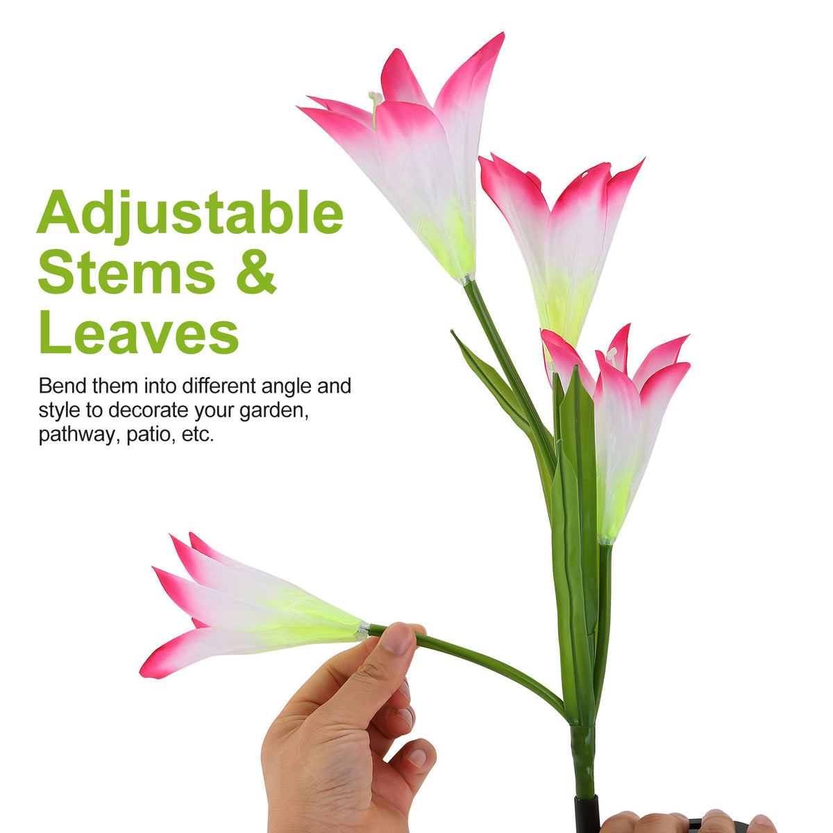 Solar lily flower stake light with fabric petals and bendable stems, alternate view 4