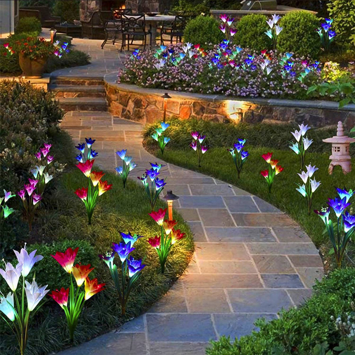 Solar lily flower stake light with fabric petals and bendable stems, alternate view 9