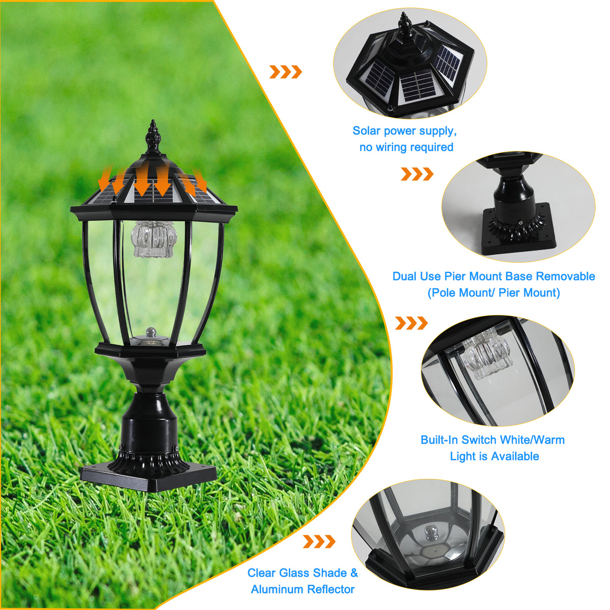 Black aluminium and glass solar pier lantern, alternate view 5