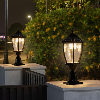 Solar outdoor lantern — a 20 in black aluminium and glass pier light, sold as a set of two