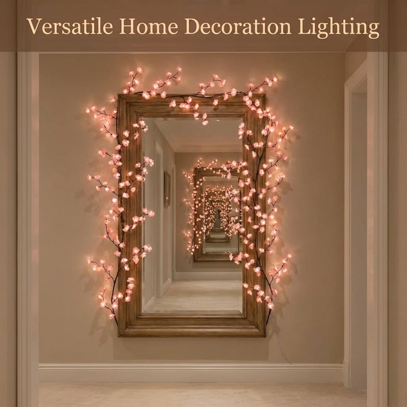 Cherry blossom LED branch vine lights shaped against a wall, alternate view 2