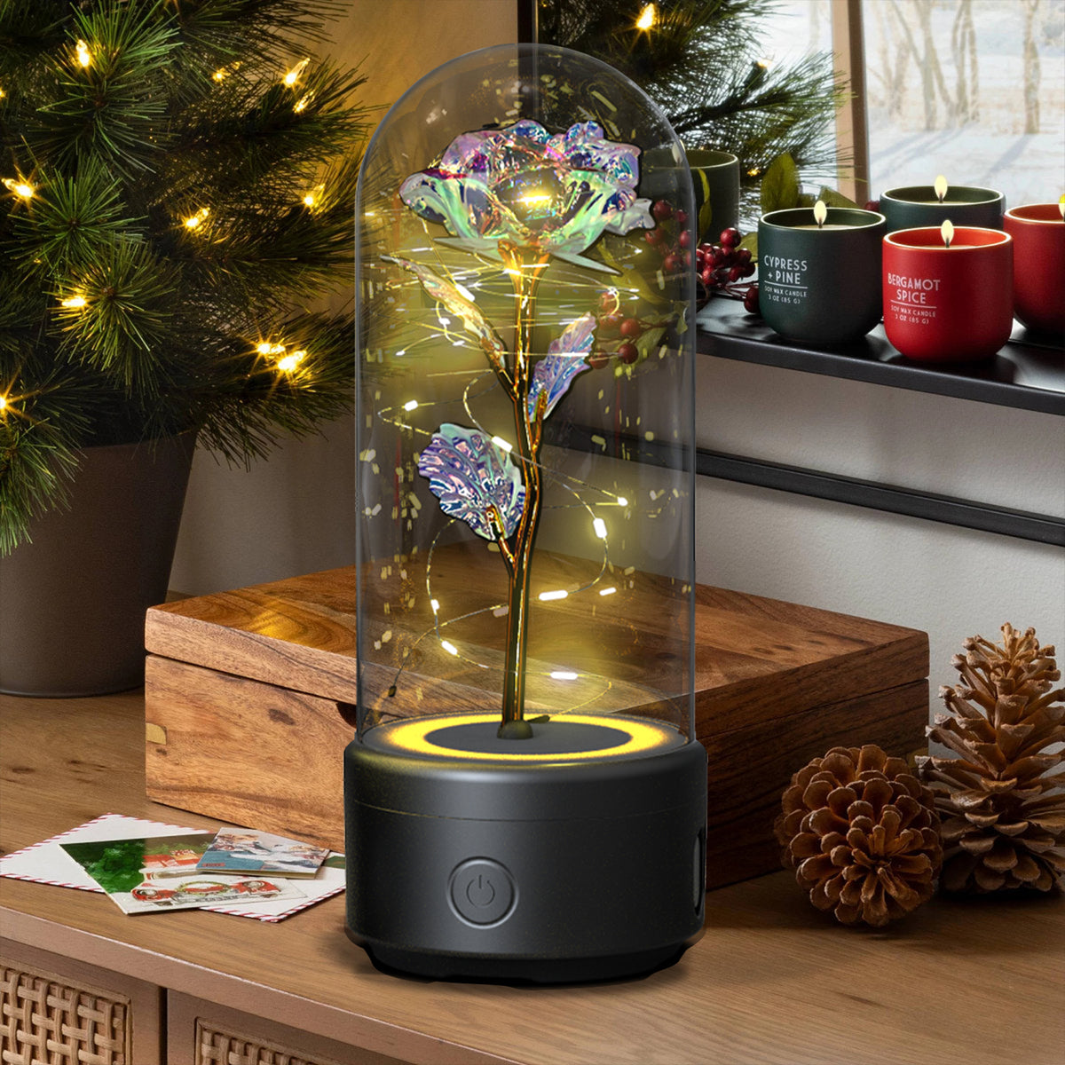Decorative LED rose lamp under a glass dome on a lit round base, alternate view 1