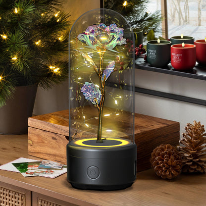 Decorative LED rose lamp under a glass dome on a lit round base, alternate view 1