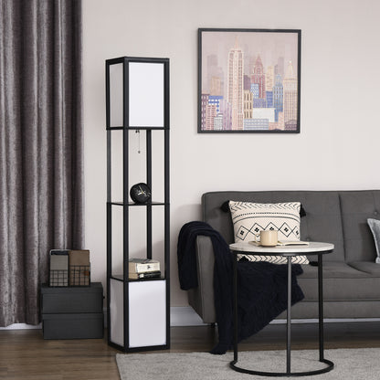 Ridley shelf floor lamp in black with two fabric shades and two open shelves, alternate view 3