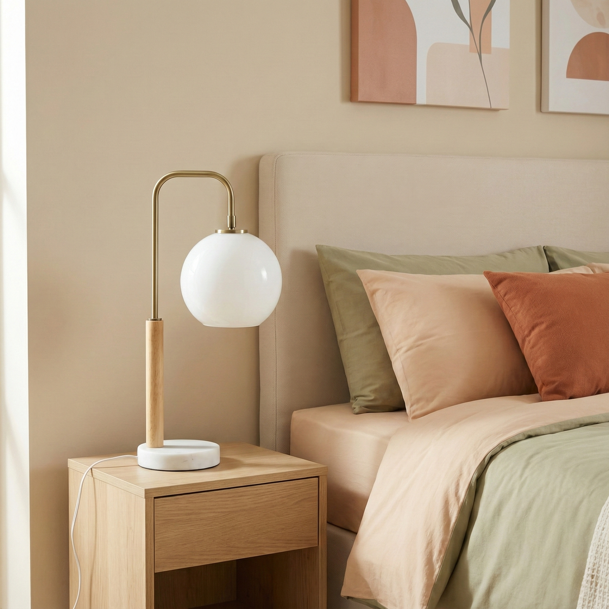 White globe table lamp with marble base, alternate view 2