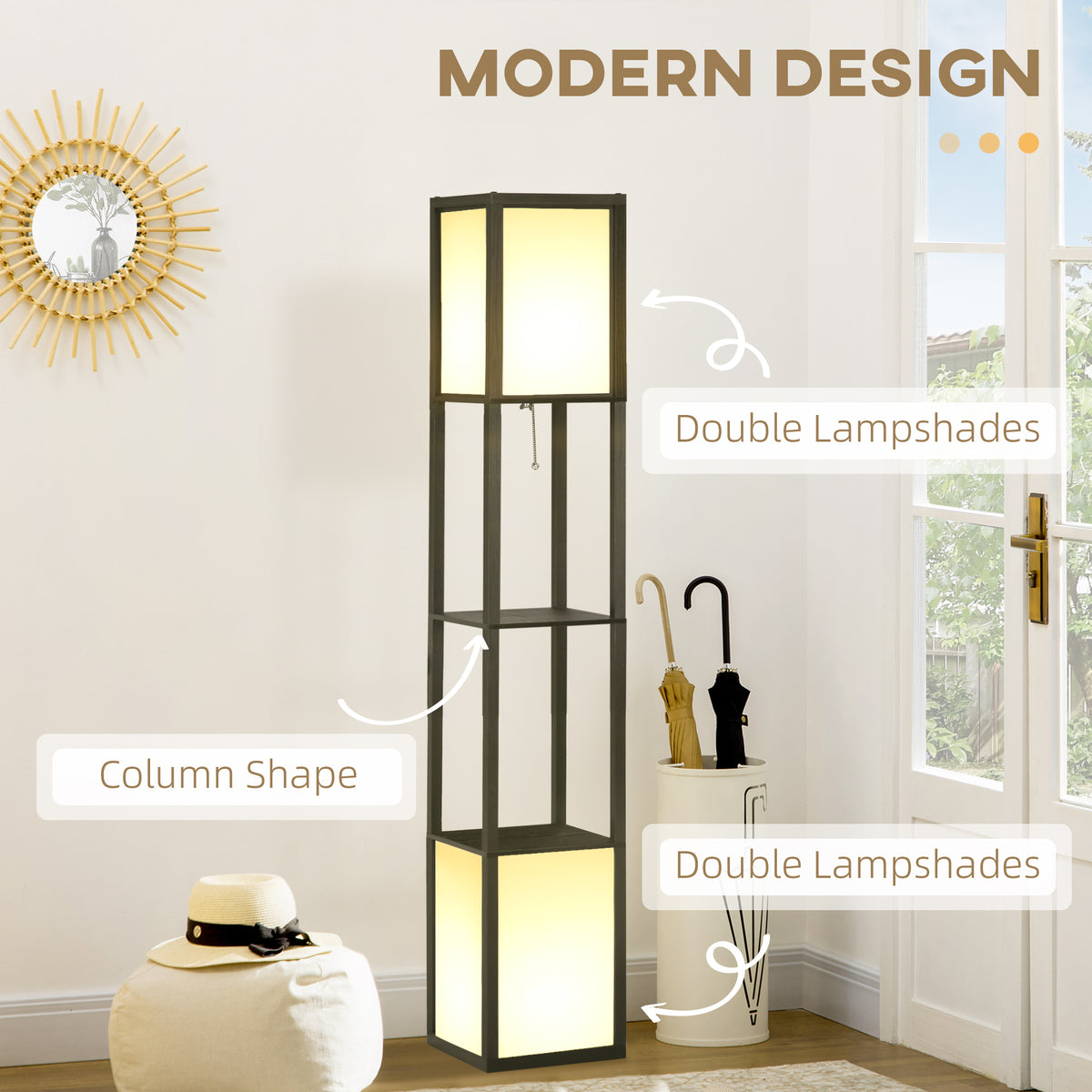Ridley shelf floor lamp in black with two fabric shades and two open shelves, alternate view