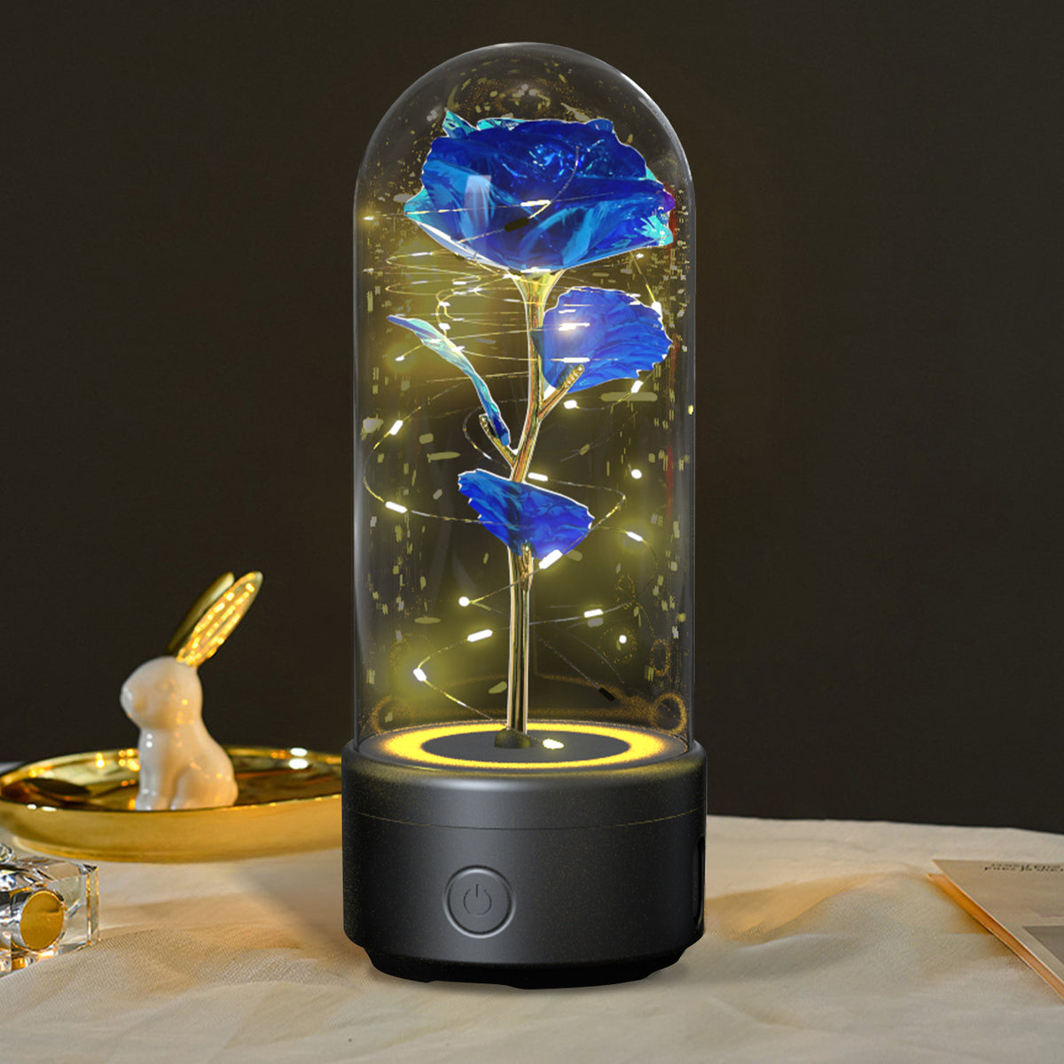 Decorative LED rose lamp under a glass dome on a lit round base, alternate view 6