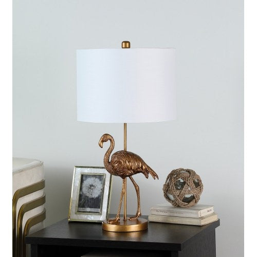 Sable matte gold flamingo table lamp with white linen shade, alternate view 2