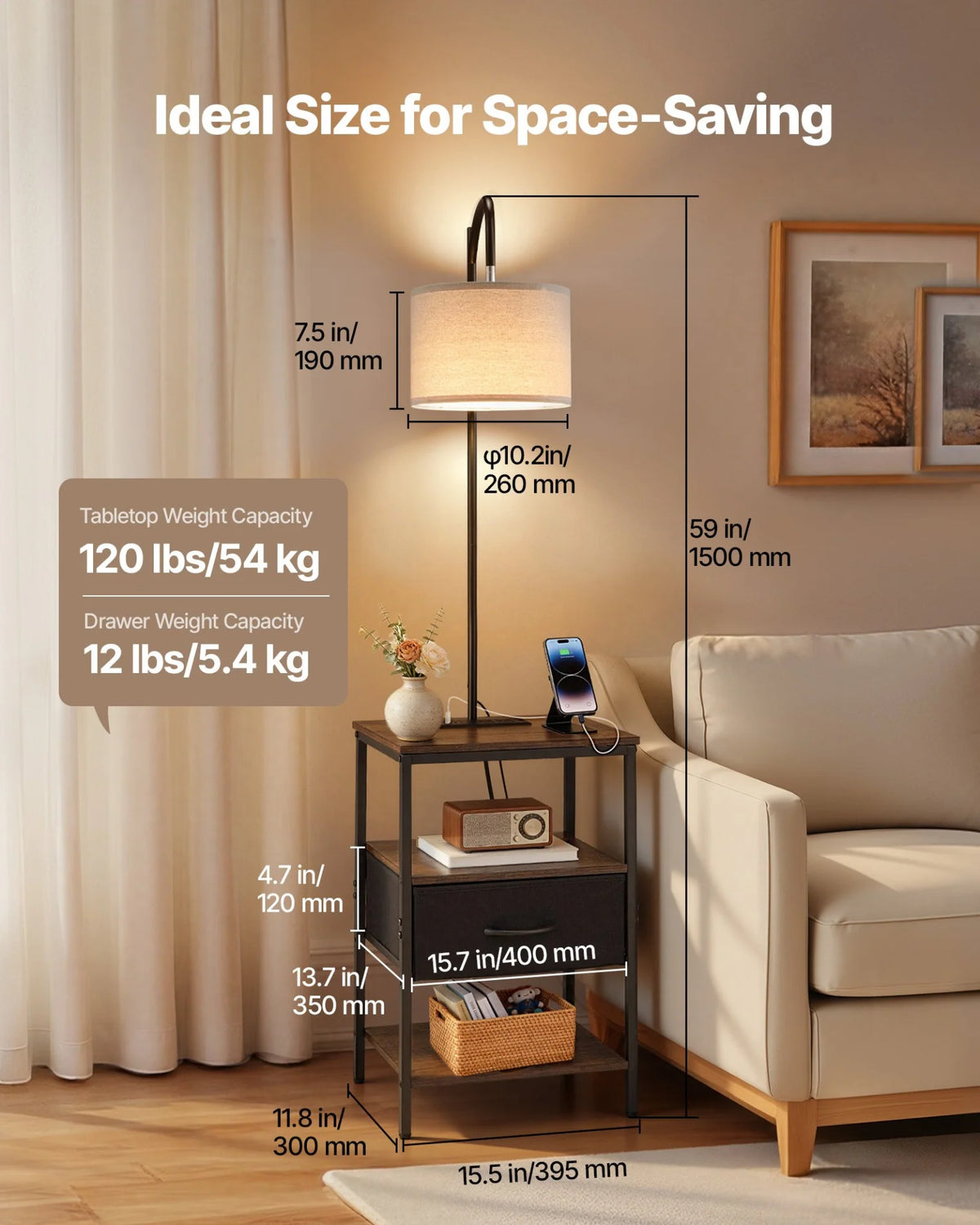 Dimension diagram of the floor lamp side table: 59 in overall height, 15.5 by 11.8 in tabletop, 10.2 in shade diameter, 120 lb tabletop and 12 lb drawer weight capacity