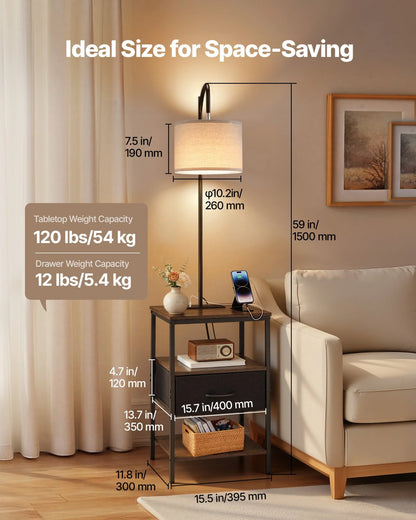 Dimension diagram of the floor lamp side table: 59 in overall height, 15.5 by 11.8 in tabletop, 10.2 in shade diameter, 120 lb tabletop and 12 lb drawer weight capacity