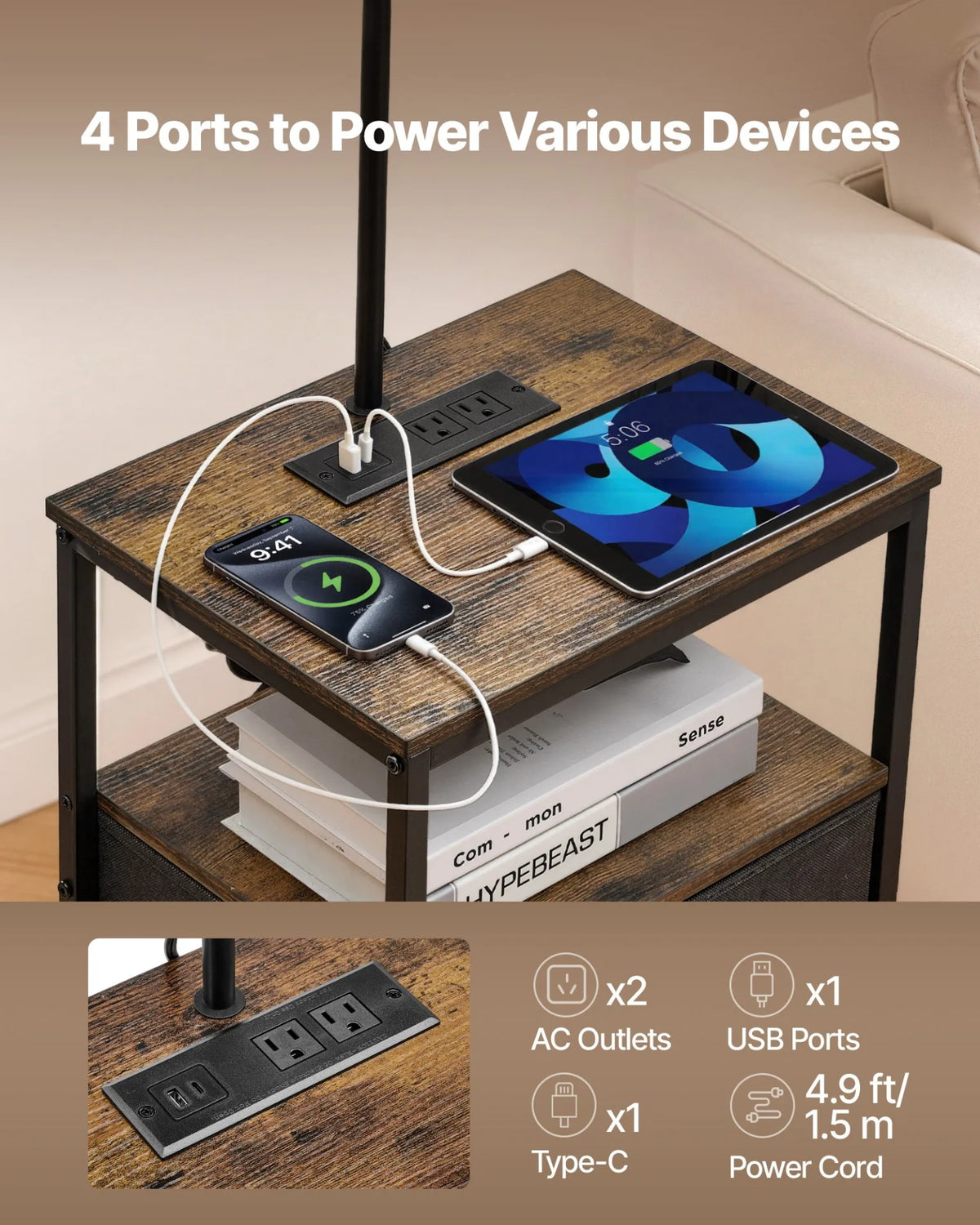 Tabletop power panel on the floor lamp side table, with two AC outlets, a USB-A port and a USB-C port charging a phone and a tablet