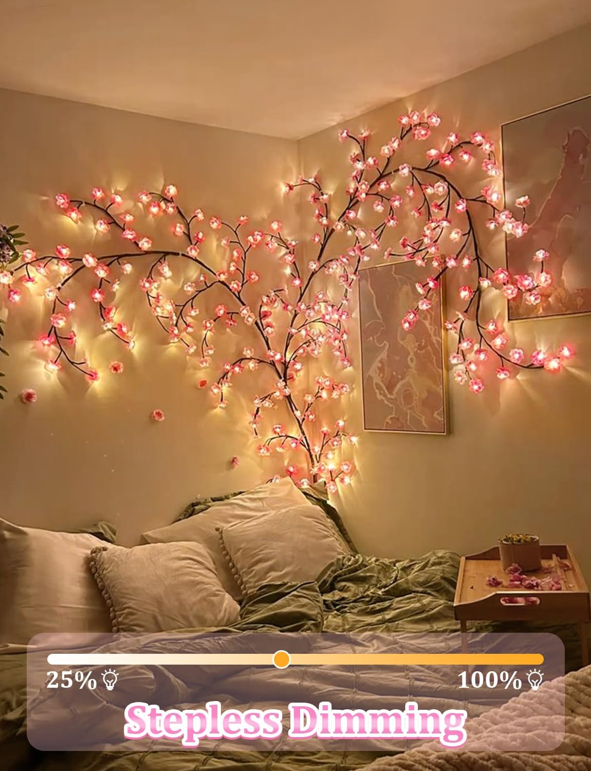 Cherry blossom tree branch lights with pink LED blossoms on bendable brown branches, USB powered, alternate view 6