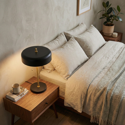 Black pull chain table lamp with drum shade, alternate view 1