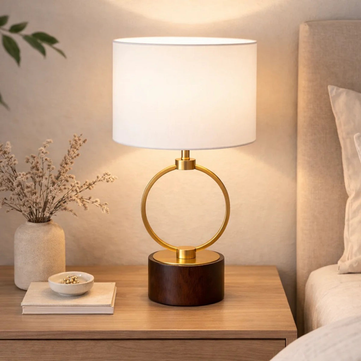 Ring table lamp with walnut base and linen shade, alternate view 1