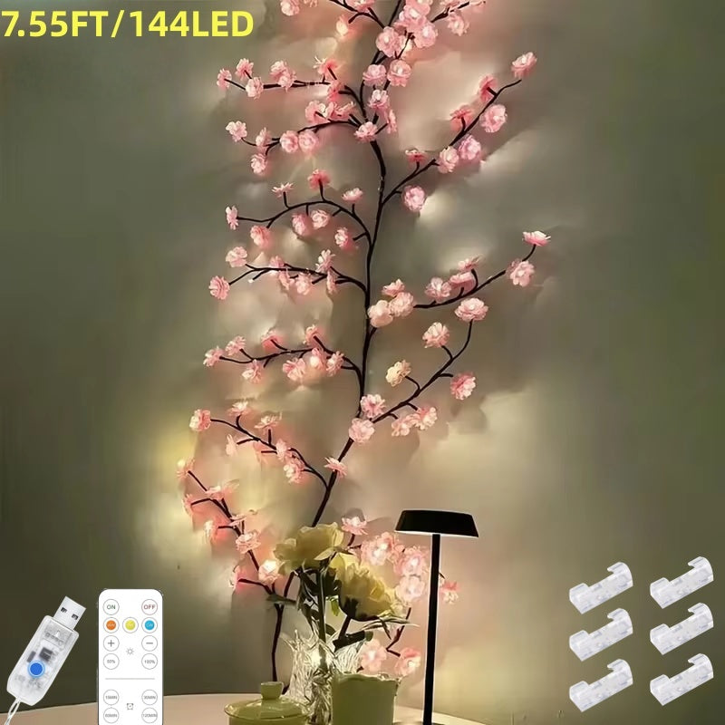 Cherry blossom tree branch lights with pink LED blossoms on bendable brown branches, USB powered