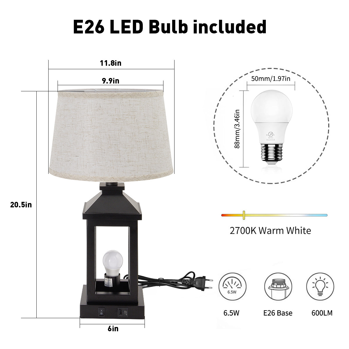 Brenton farmhouse table lamp in black with natural linen shade, alternate view 4