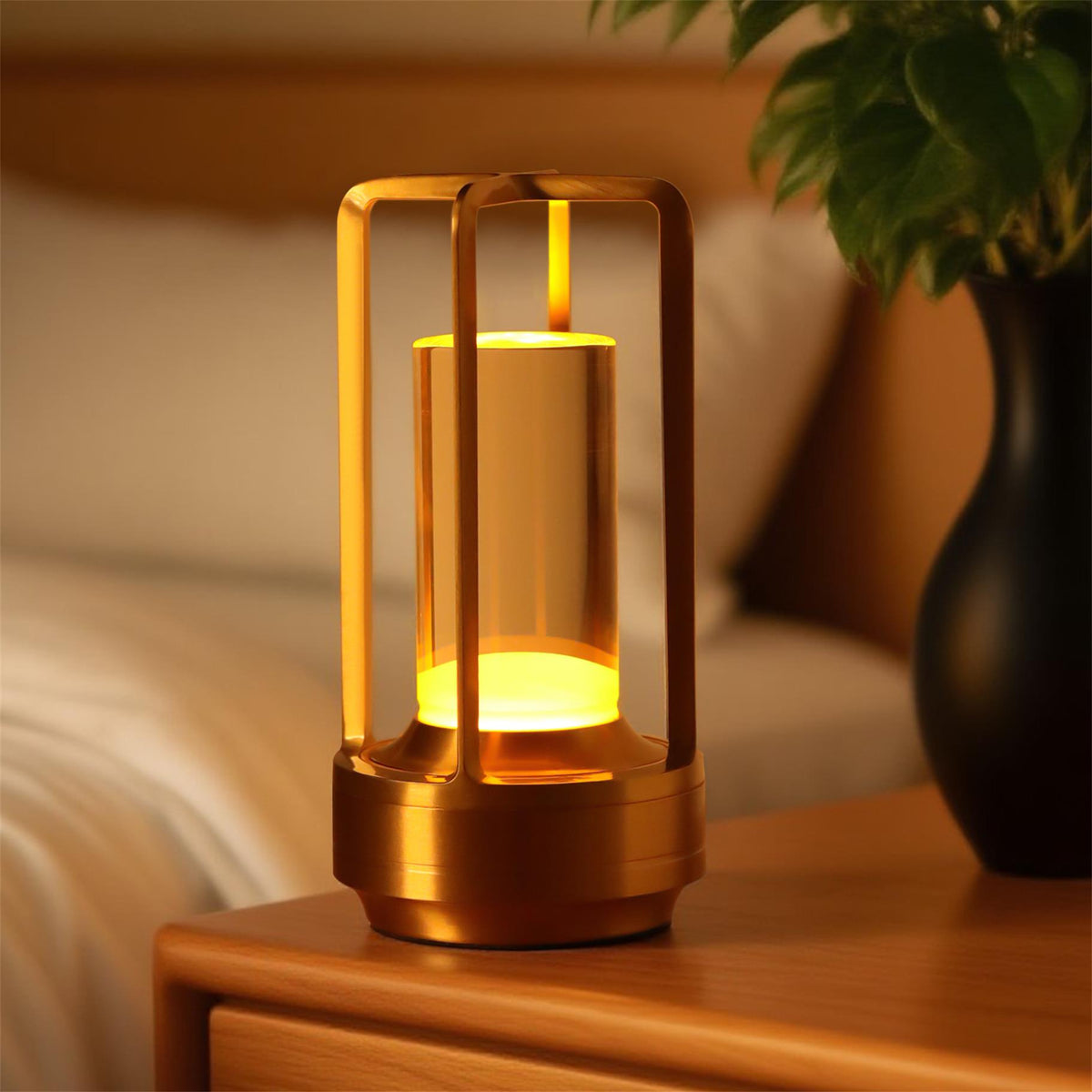 Bellamy cordless lantern table lamp in brushed aluminium with amber glow, alternate view 4