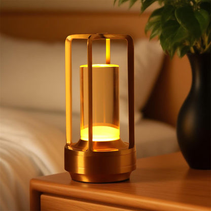 Bellamy cordless lantern table lamp in brushed aluminium with amber glow, alternate view 4