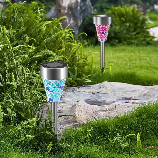 Mosaic glass solar stake light on a stainless steel post, alternate view 1
