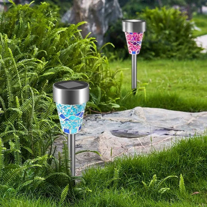 Mosaic glass solar stake light on a stainless steel post, alternate view 1