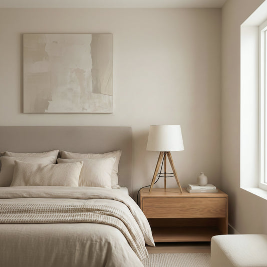 Wood tripod table lamp lit on a bedside nightstand, alternate view 1