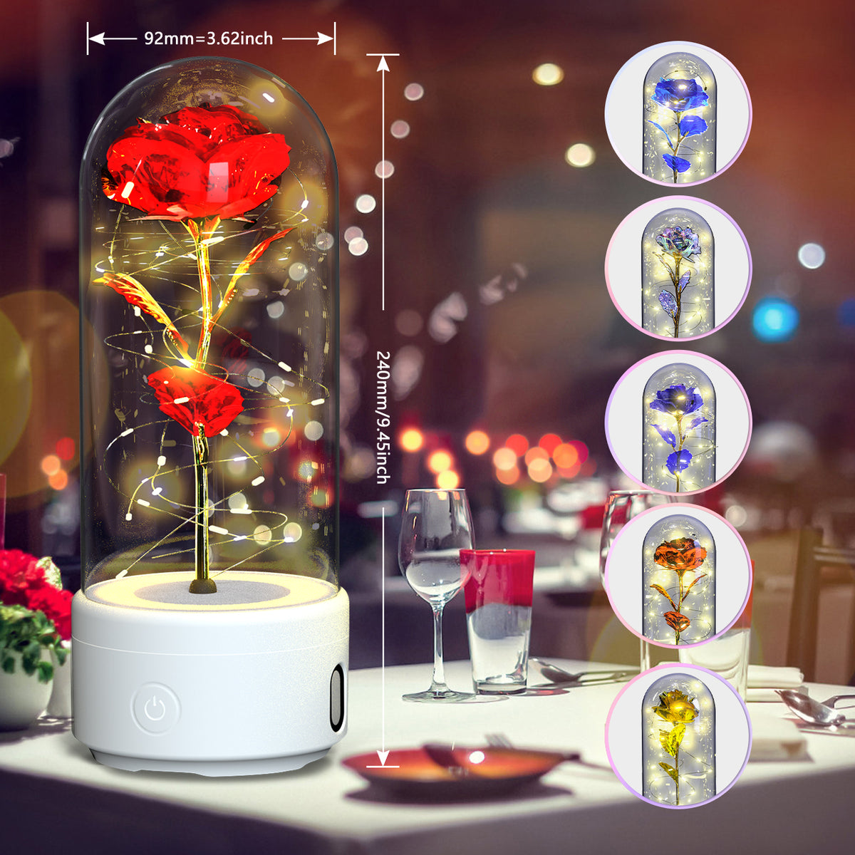 Decorative LED rose lamp under a glass dome on a lit round base, alternate view 4