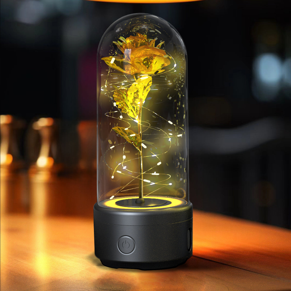 Decorative LED rose lamp under a glass dome on a lit round base, alternate view 11