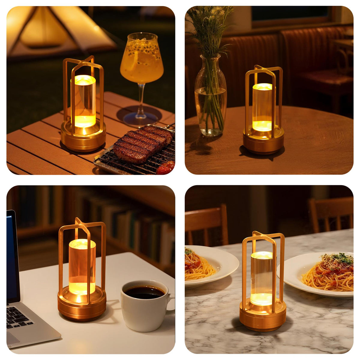 Bellamy cordless lantern table lamp in brushed aluminium with amber glow, alternate view