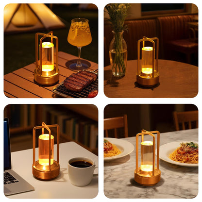 Bellamy cordless lantern table lamp in brushed aluminium with amber glow, alternate view