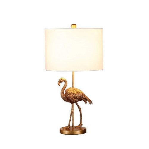 Sable matte gold flamingo table lamp with white linen shade, alternate view