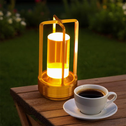 Bellamy cordless lantern table lamp in brushed aluminium with amber glow, alternate view 3