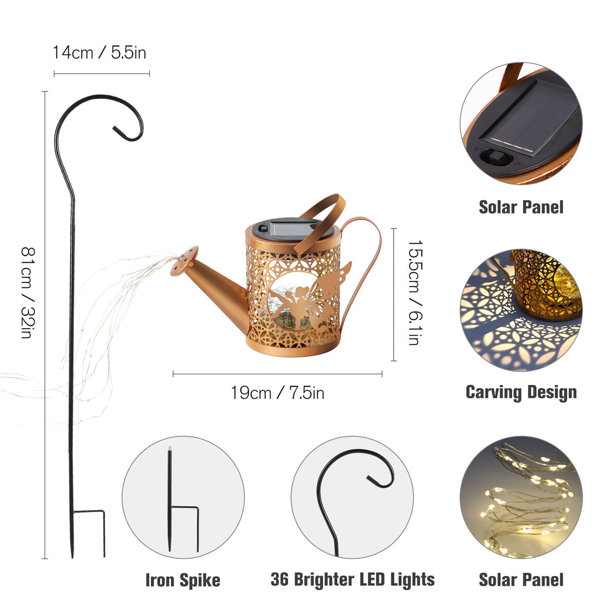 Bronze solar watering can lantern with cascading fairy lights, alternate view 1
